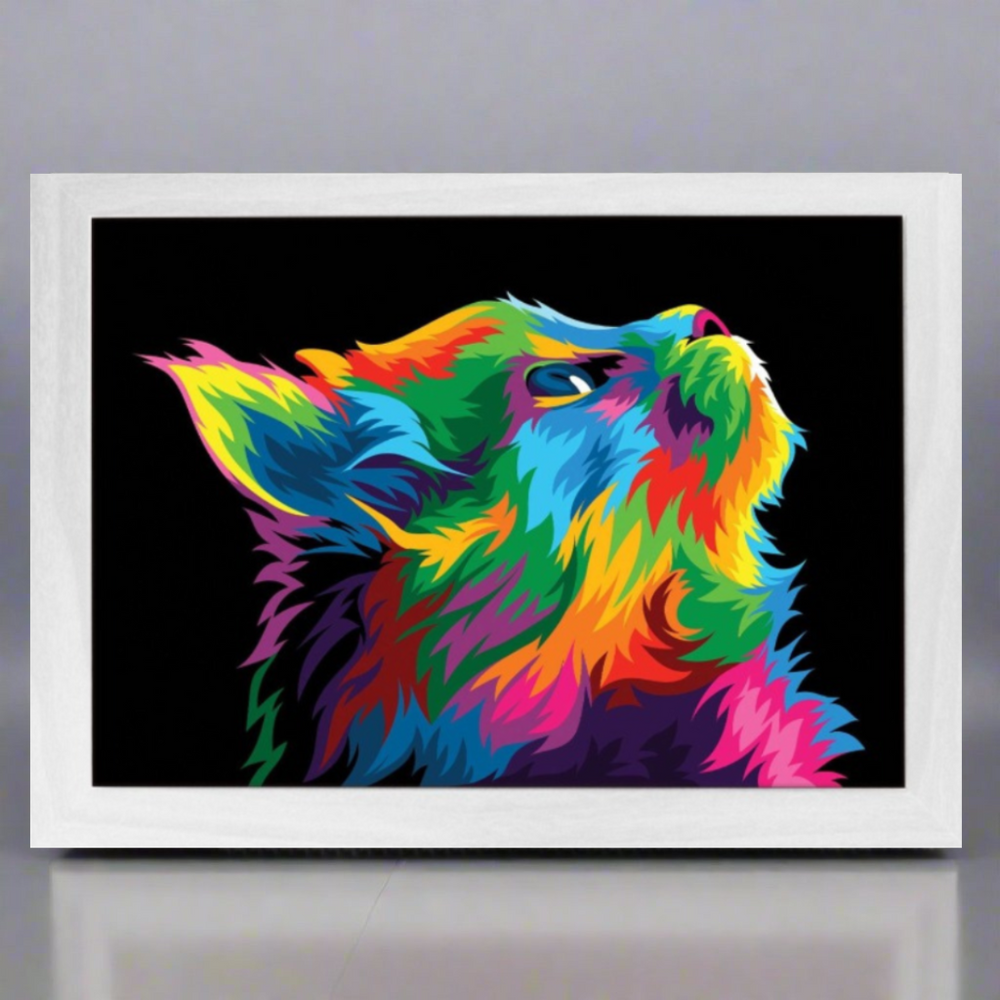 A colorful illustration of a cat with a rainbow-like mane and tail on a black background, framed in a light-colored enclosure.