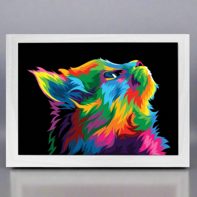 A colorful illustration of a cat with a rainbow-like mane and tail on a black background, framed in a light-colored enclosure.