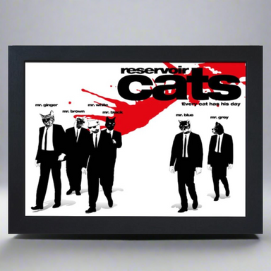 Framed poster of 'Reservoir Cats' with black and white cat characters in suits on a red and white background.