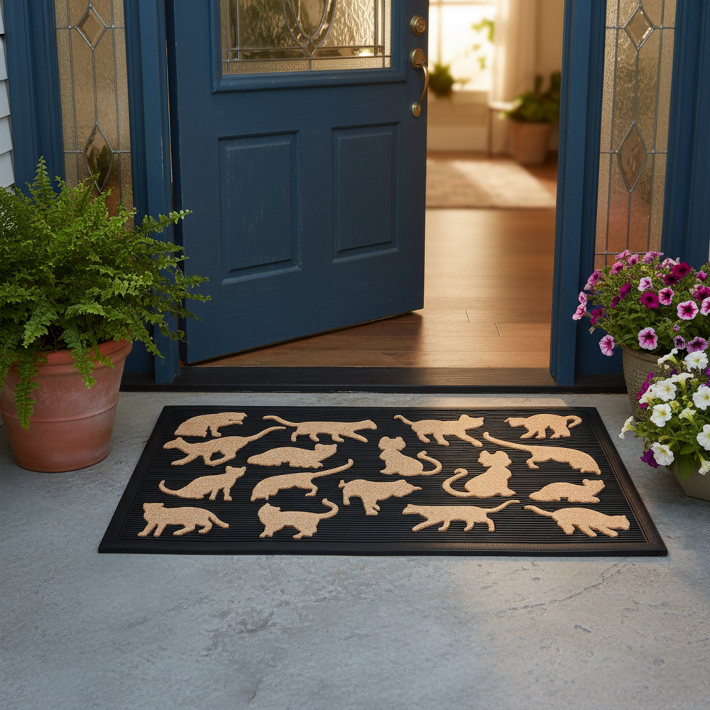 Doormat with cat designs on a beige wall with greenery