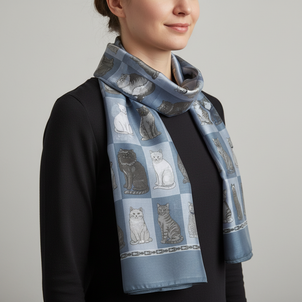 Person wearing a blue scarf with cat patterns on a plain background