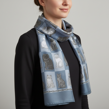 Person wearing a blue scarf with cat patterns on a plain background