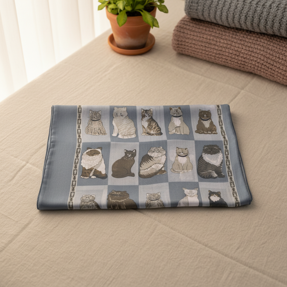 Fabric with cat pattern on a beige surface, with a plant and folded clothes in the background.