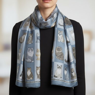 Person wearing a blue scarf with cat patterns against a blurred background