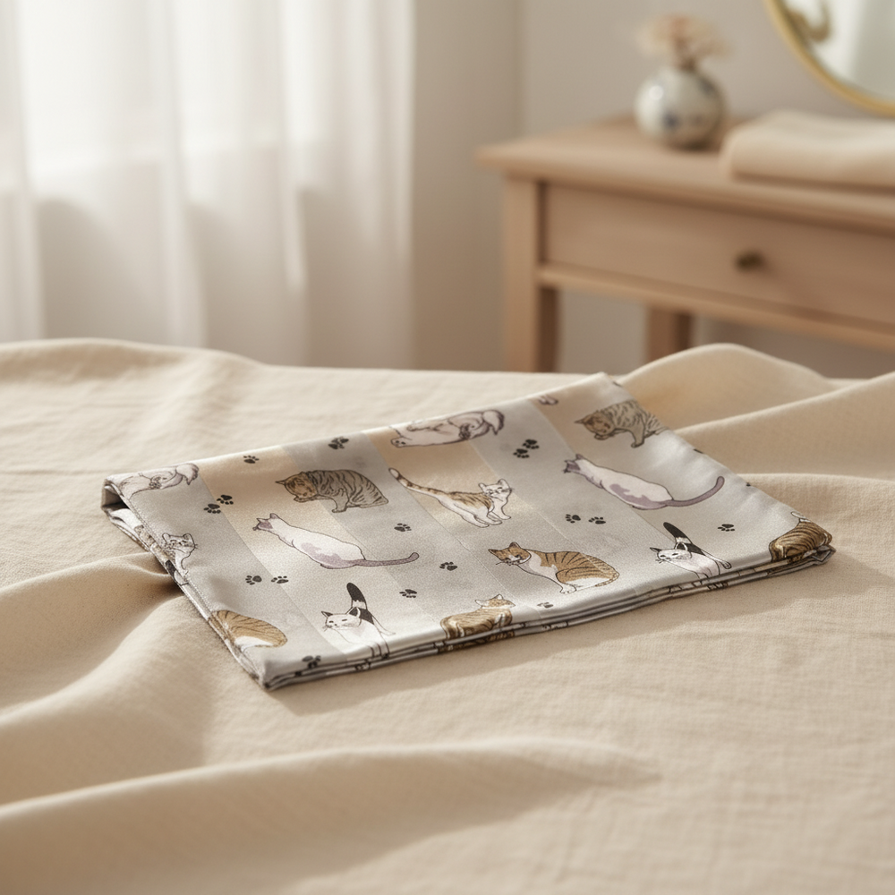 Folded fabric with animal pattern on a bed in a bedroom setting