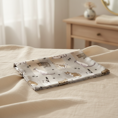 Folded fabric with animal pattern on a bed in a bedroom setting