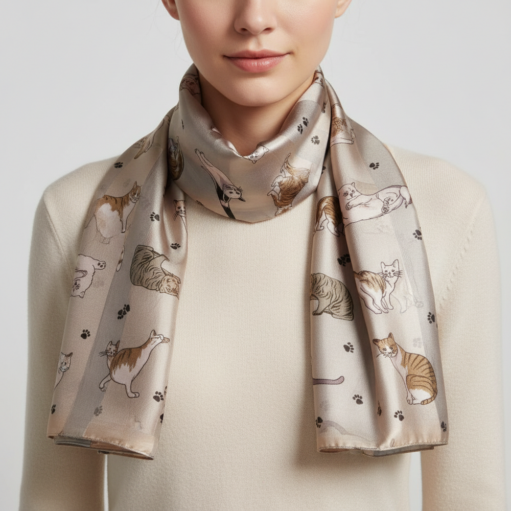 Person wearing a scarf with cat pattern on a plain background