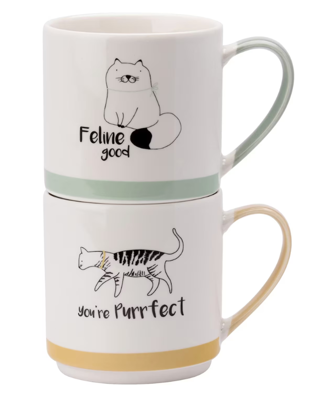 Set of 2 Playful Pets Cat Design Stacking Mugs