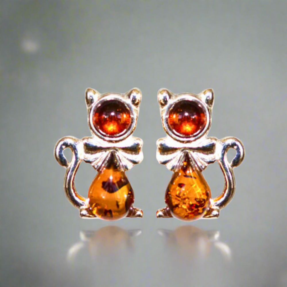 Sterling Silver & Amber Cat Earrings – Cute Feline Studs for Cat Lovers