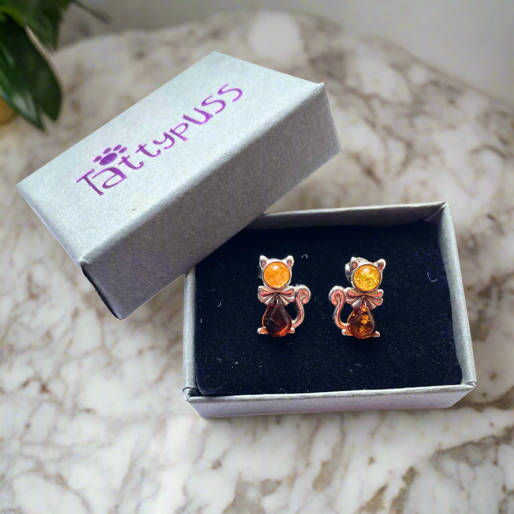 Sterling Silver & Amber Cat Earrings – Cute Feline Studs for Cat Lovers