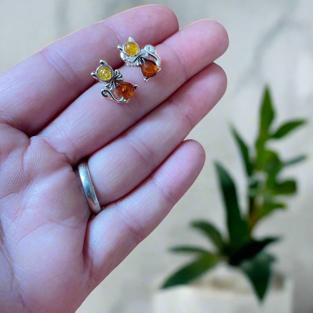 Sterling Silver & Amber Cat Earrings – Cute Feline Studs for Cat Lovers