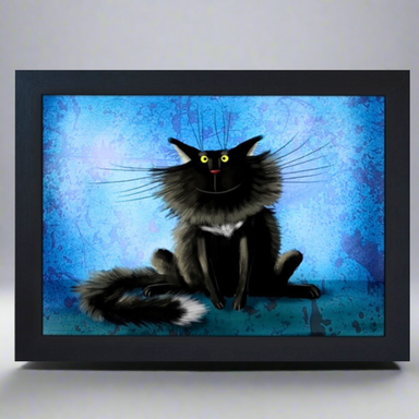 A lap tray featuring an image of a black cat with yellow eyes on a blue background, with a black frame.