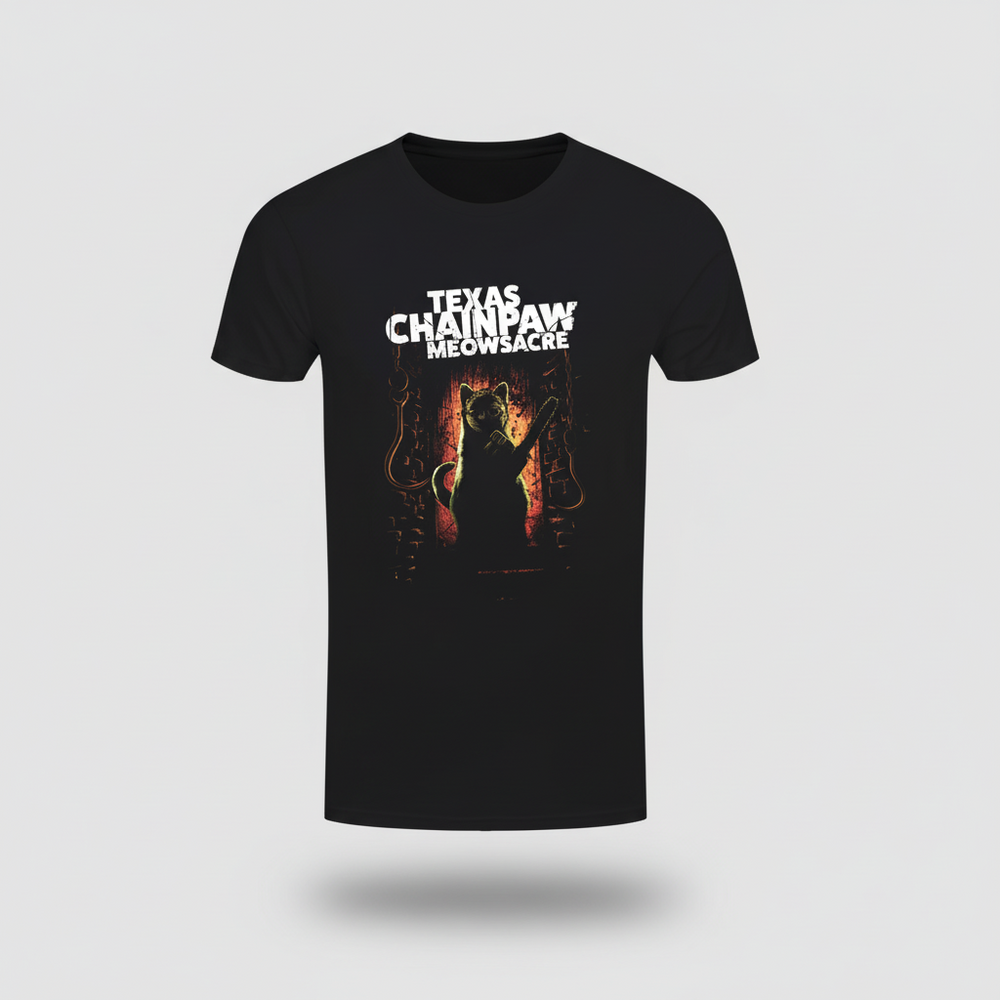 Black t-shirt with 'Texas Chainpaw Meowsacre' graphic design on a white background
