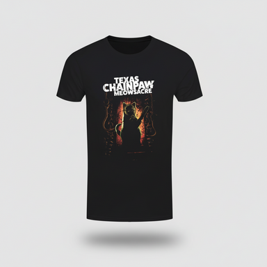 Black t-shirt with 'Texas Chainpaw Meowsacre' graphic design on a white background