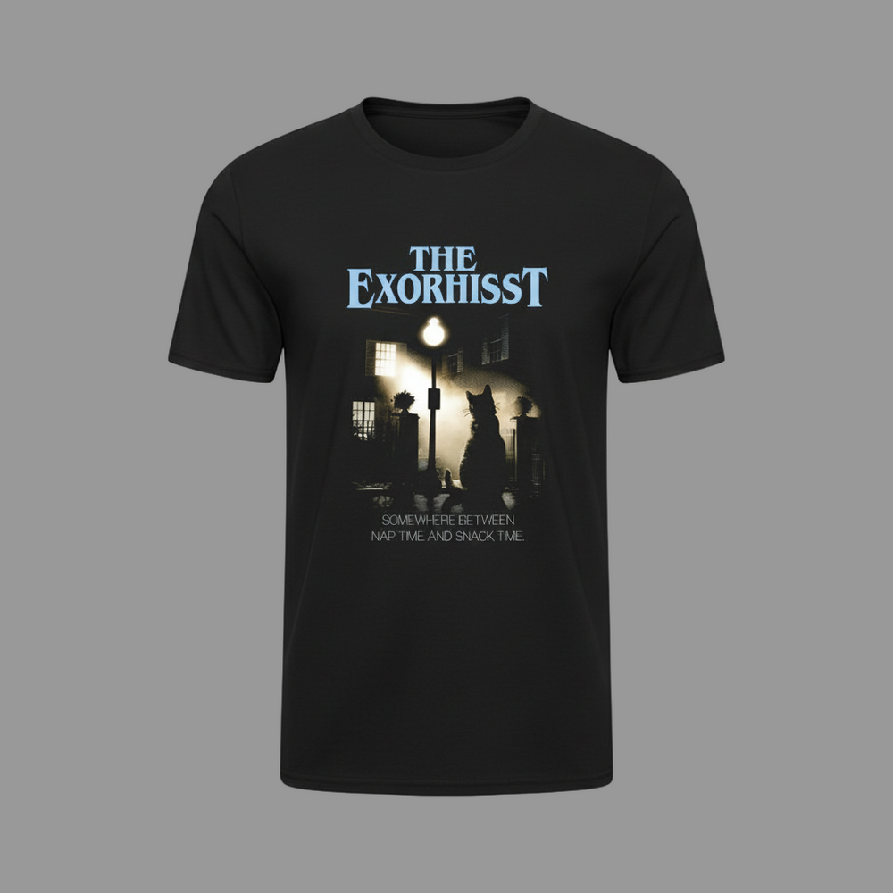 Black t-shirt with 'The Exorhisst' graphic design on a white background