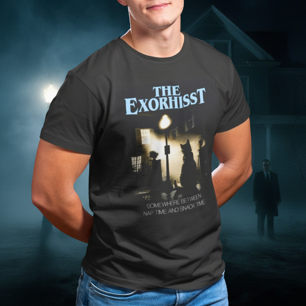 Person wearing a black t-shirt with 'The Exorhisst' graphic design.