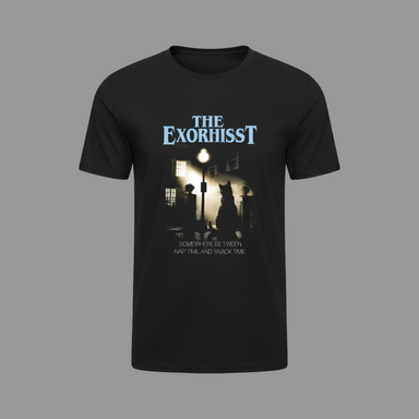 Black t-shirt with 'The Exorhisst' graphic design on a white background