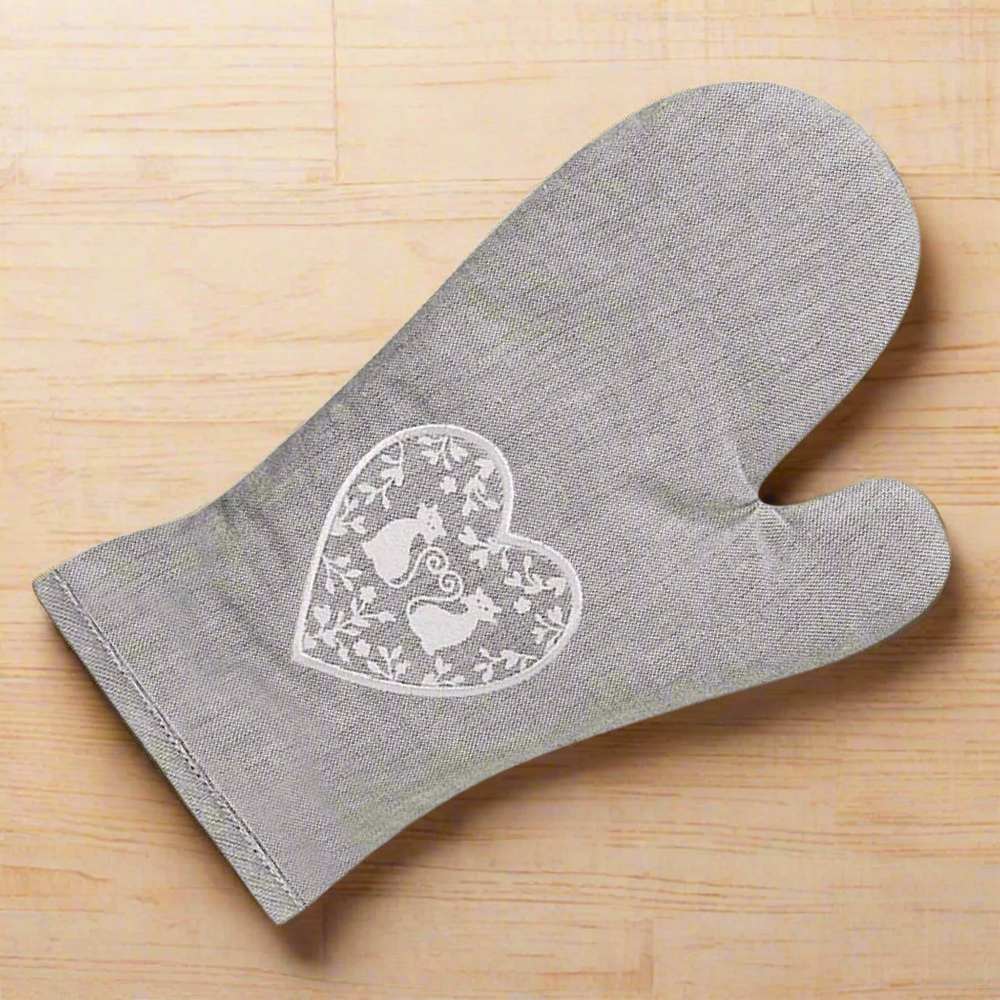 Duo of White Cats in a Heart Grey Oven Glove / Gauntlet