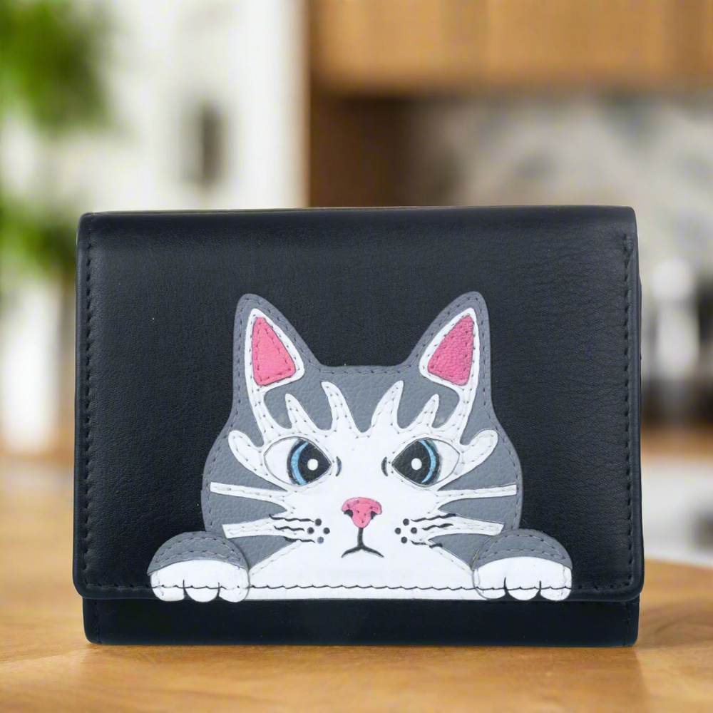 Mala Leather Victor the Cat Compact Tri Fold Purse Black