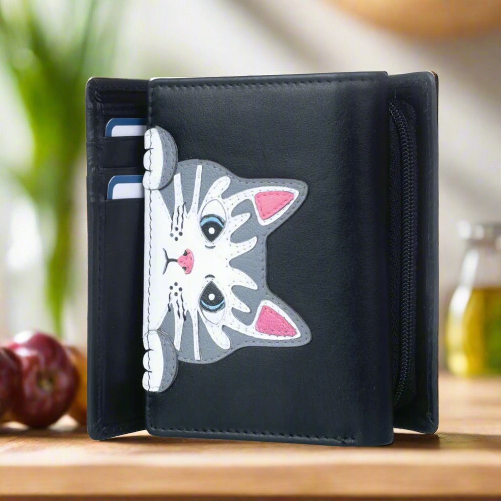 Mala Leather Victor the Cat Compact Tri Fold Purse Black