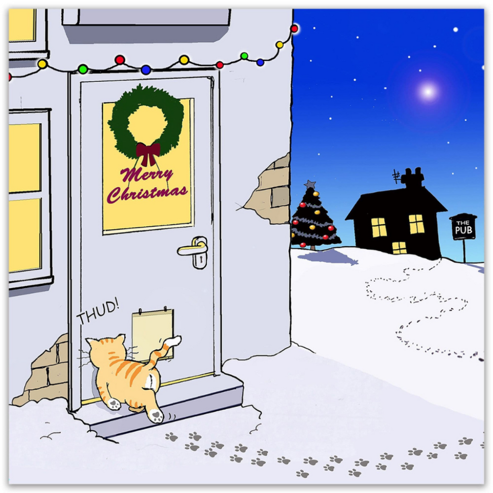 'Drunk Cat' Funny Cat Christmas Card by Michael Canine
