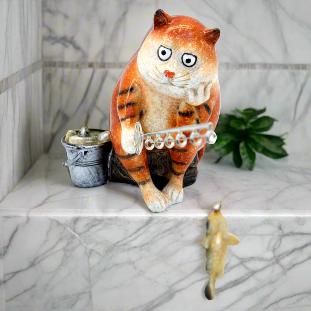 Ginger Fat Cat Waiting for Fish Ceramic Ornament — Purrfect Cat Gifts