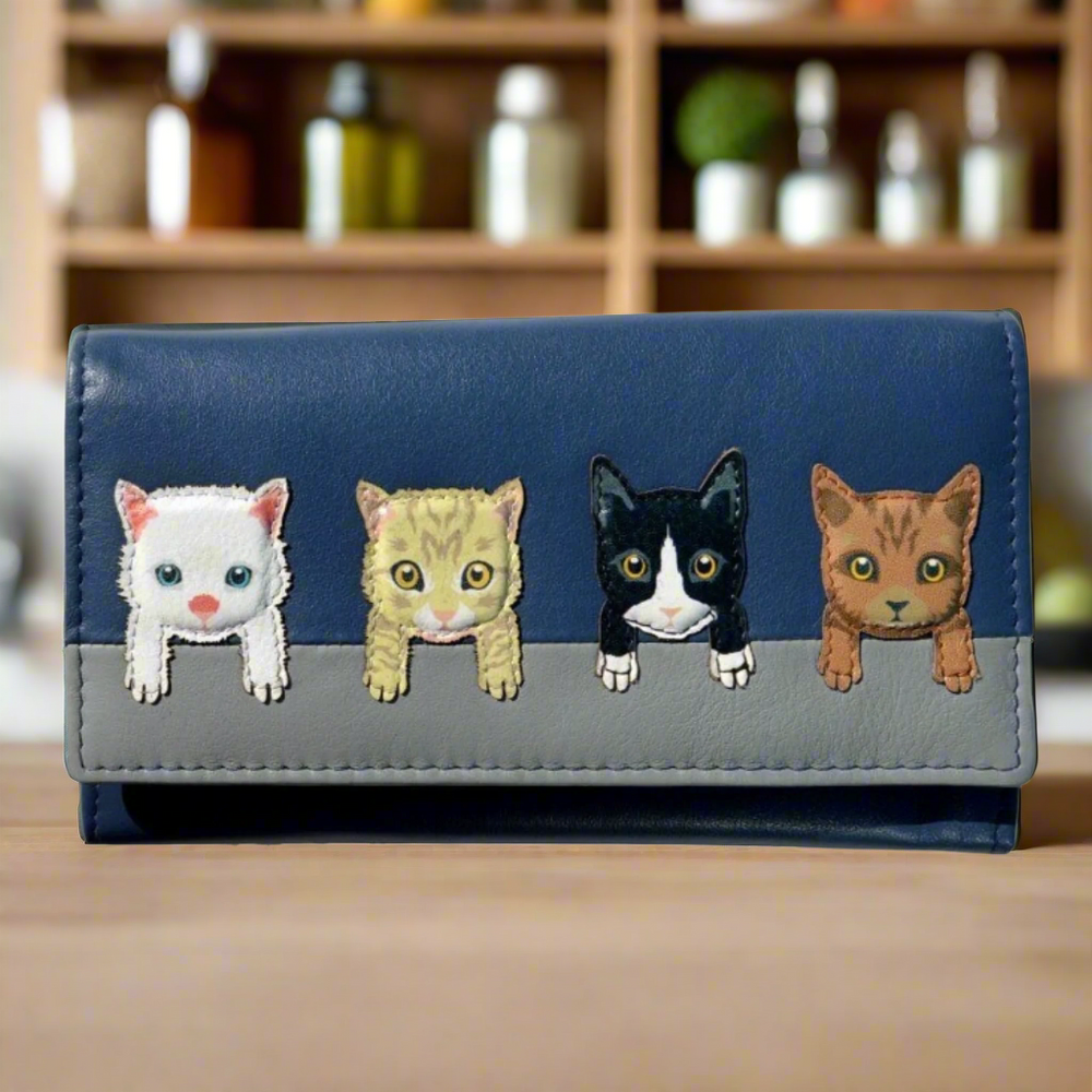Mala Leather Navy Blue Cats on Wall Purse