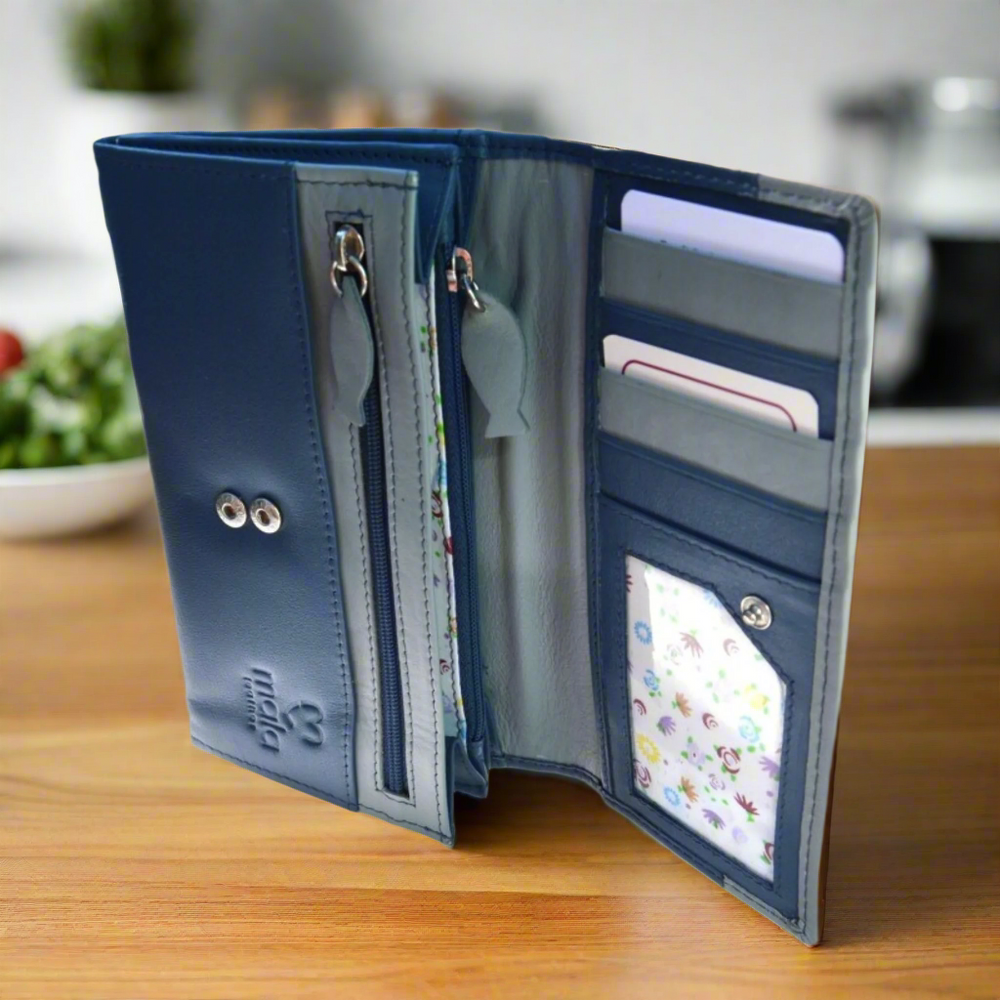 Mala Leather Navy Blue Cats on Wall Purse