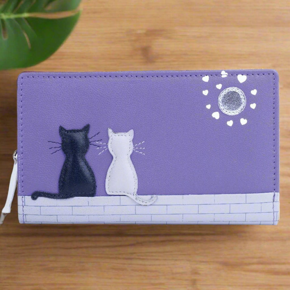 Mala Leather Midnight Cats Medium Bifold Purse Purple