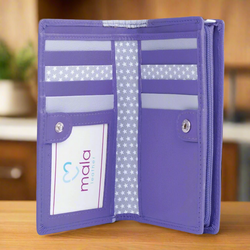 Mala Leather Midnight Cats Medium Bifold Purse Purple