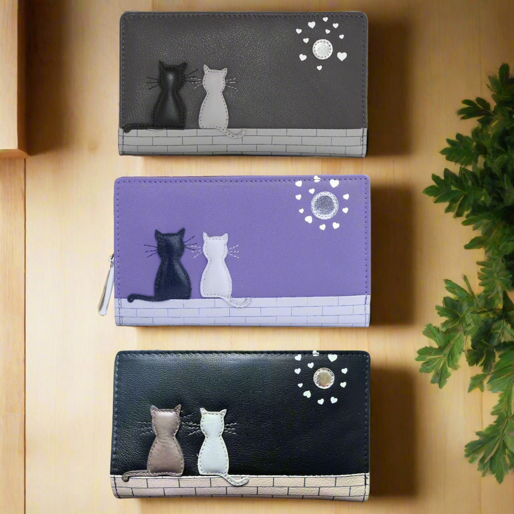 Mala Leather Midnight Cats Medium Bifold Purse Purple