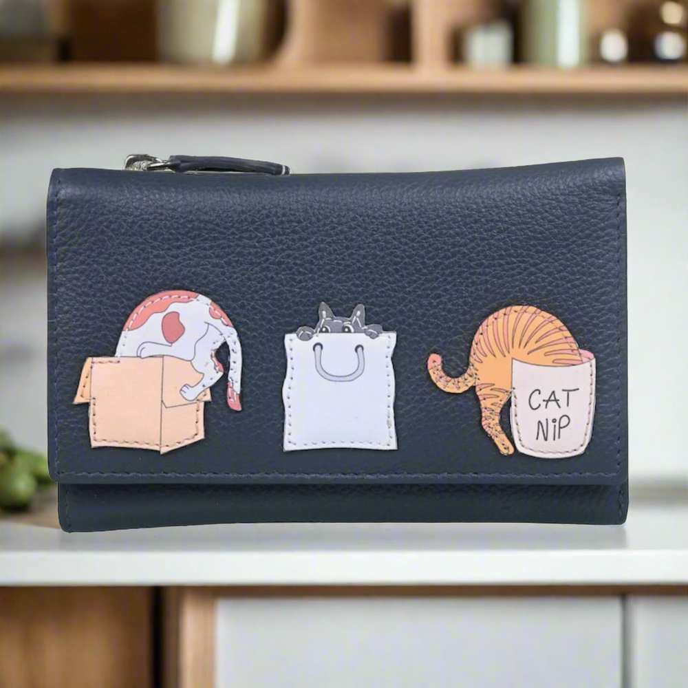 Mala Leather Kitty Chaos Cats Tri Fold Purse Dark Grey