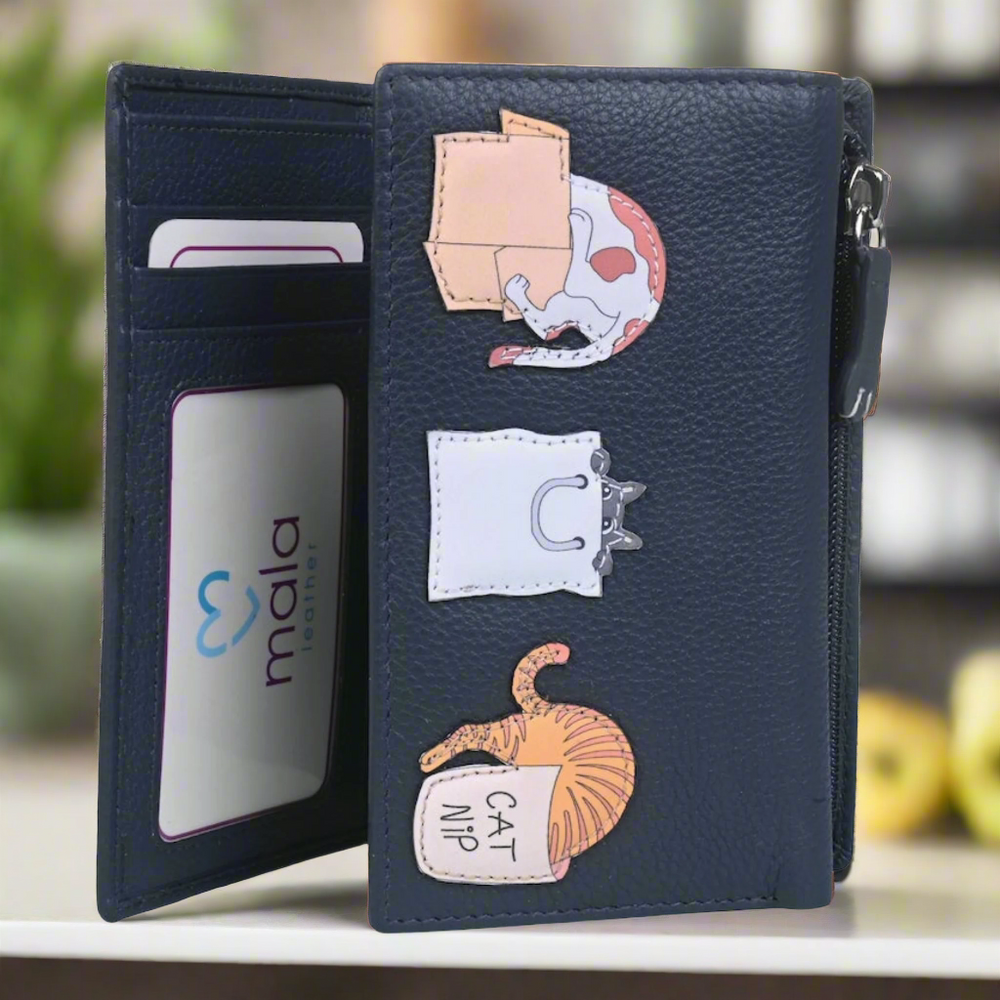 Mala Leather Kitty Chaos Cats Tri Fold Purse Dark Grey