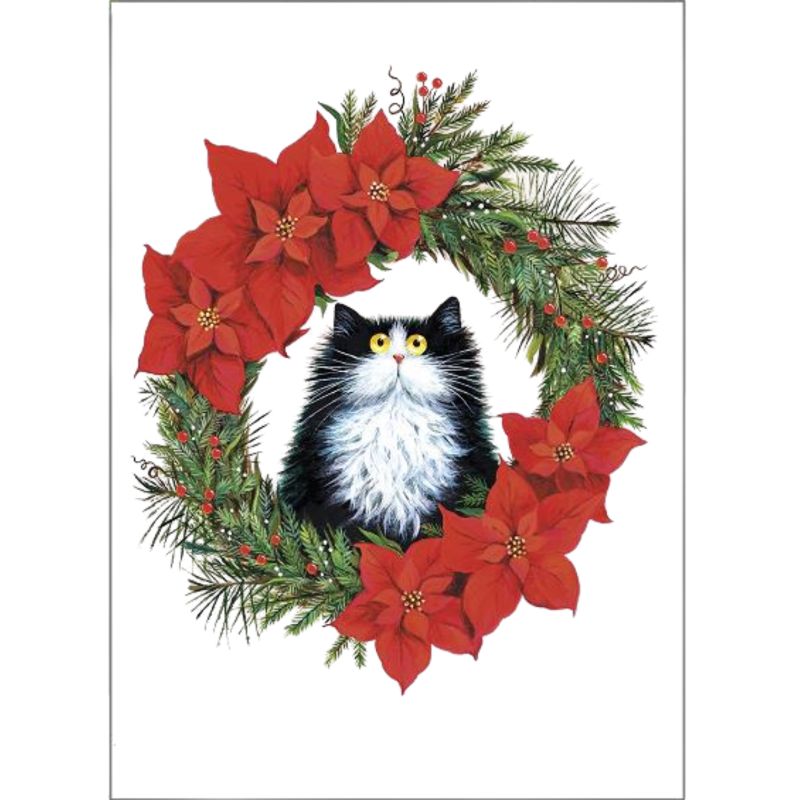 Black & White Cat in Poinsettia Wreath Greeting Christmas Card by Kim Haskins
