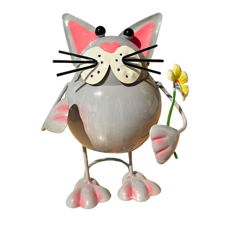 Short Grey Cat Holding Flower Metal Bobbin Cat Ornament
