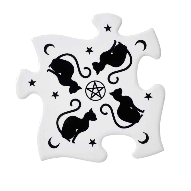 Black & White Cat Ceramic 4 Piece Jigsaw Puzzle Coaster Set Trivet