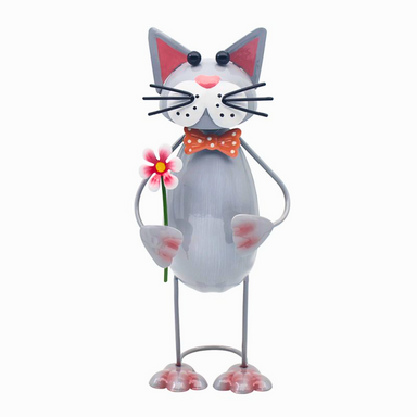 Grey Cat Holding Flower Metal Bobbin Cat Ornament