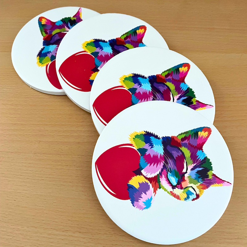 Set of 4 Ceramic Round Rainbow Kitten and Heart Cat Coasters