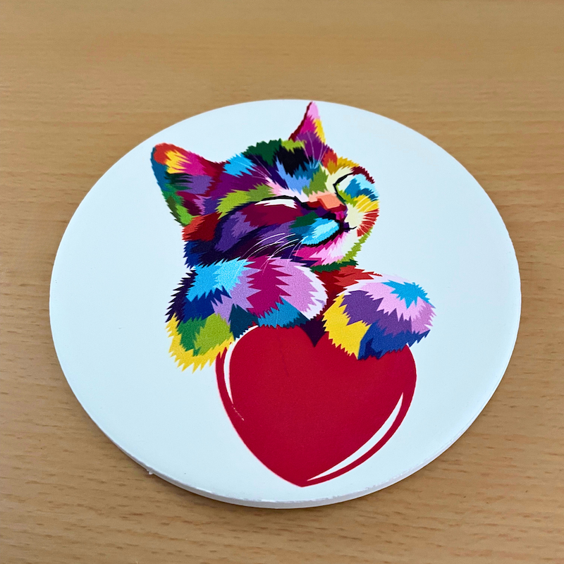 Set of 4 Ceramic Round Rainbow Kitten and Heart Cat Coasters