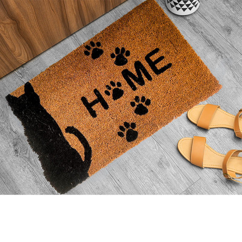 Silhoutte Black Cat and Paws Coir Large Door Mat