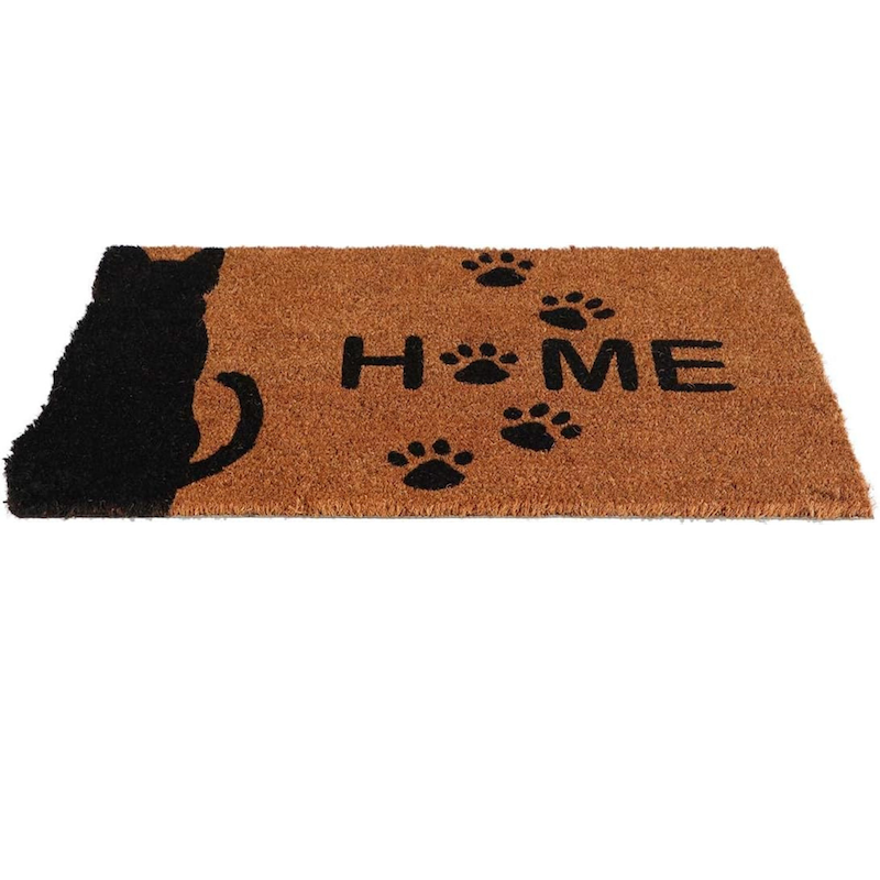 Silhoutte Black Cat and Paws Coir Large Door Mat
