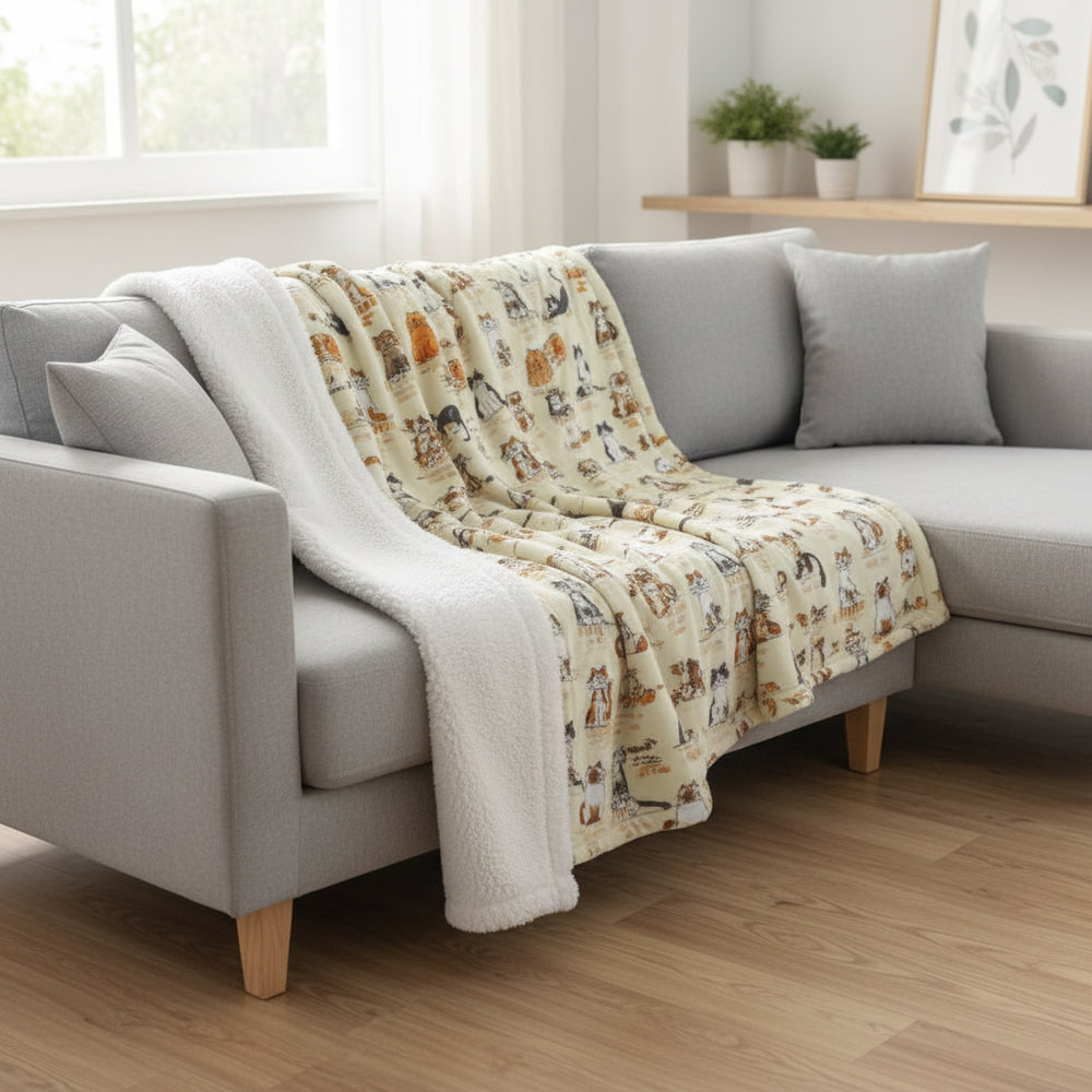 When the Cat’s Away Fleece-Lined Blanket – Cosy Cat Print Throw