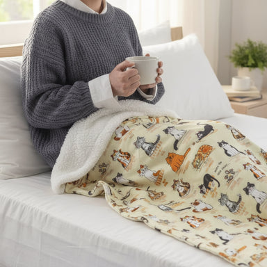 Person wrapped in a blanket with cat pattern holding a mug.