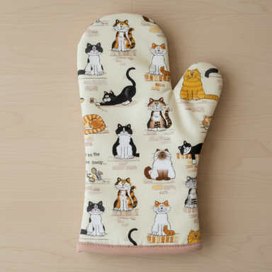 Oven mitt with cat pattern on a wooden surface