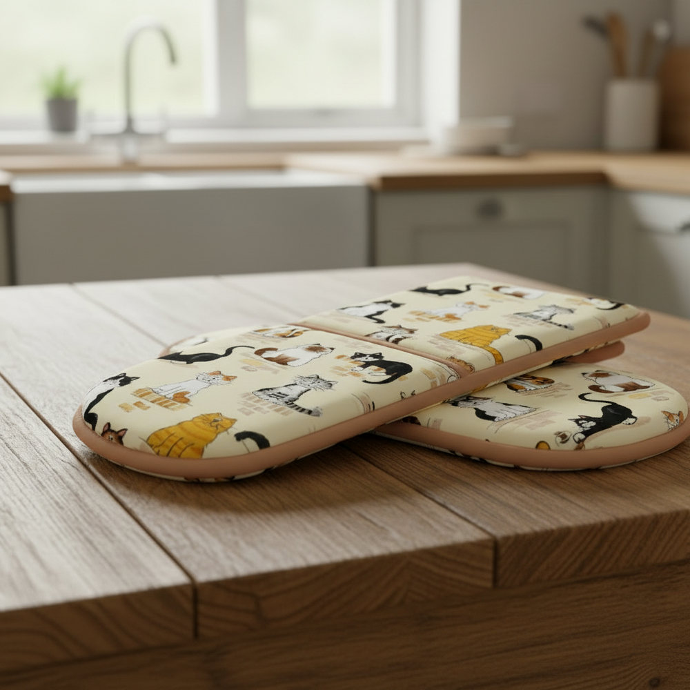 Two cartoon-themed pot holders on a wooden kitchen counter.