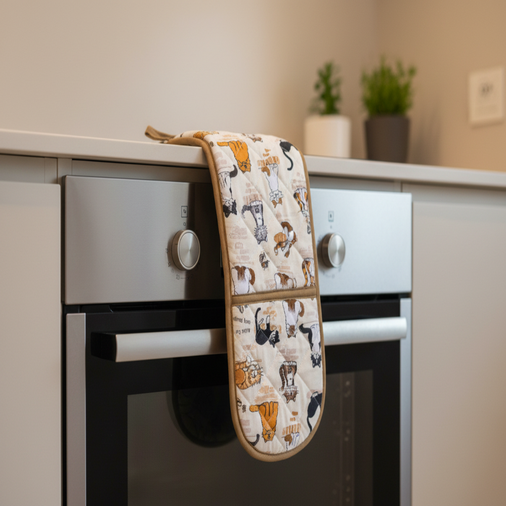 Oven mitt with dog pattern hanging on a kitchen oven