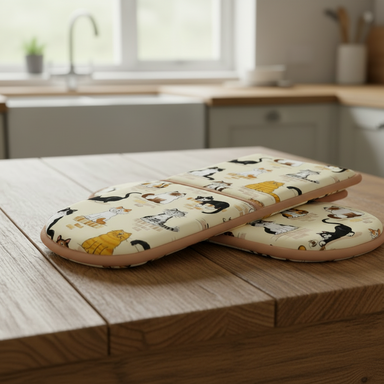 Two cartoon-themed pot holders on a wooden kitchen counter.