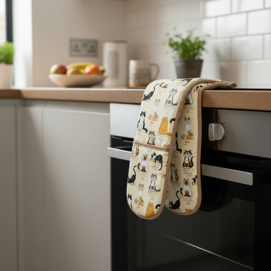 Two oven mitts with cat pattern hanging on a kitchen oven.