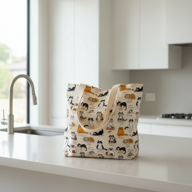 Tote bag with cat pattern on a kitchen counter