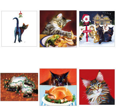 Christmas Selection 6 x Pack Cards'Give Us a Kiss' 'Takeaway Turkey' 'This Way Santa' 'Twinkle' 'Temptation' and 'Firecracker' Christmas Cat Greeting Cards Set